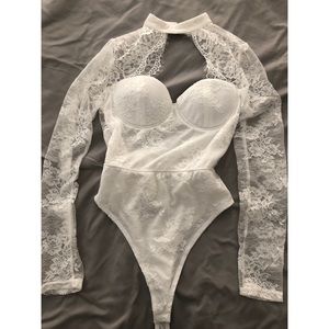 White Lace Long Sleeve Fashion Nova Bodysuit